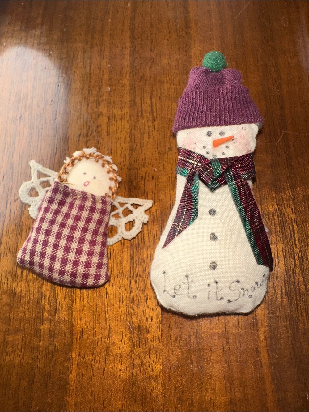 Vtg Primitive Cloth Angel & Plum Fabric Snowman Brooches -Let It Snow